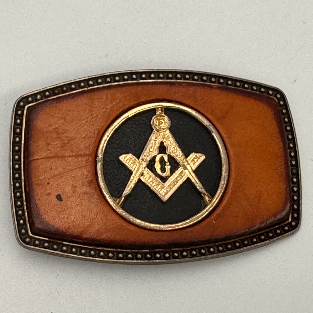 Vintage Alumaline Masonic Leather Belt Buckle BB-317 4108 Brass Tone Fraternal